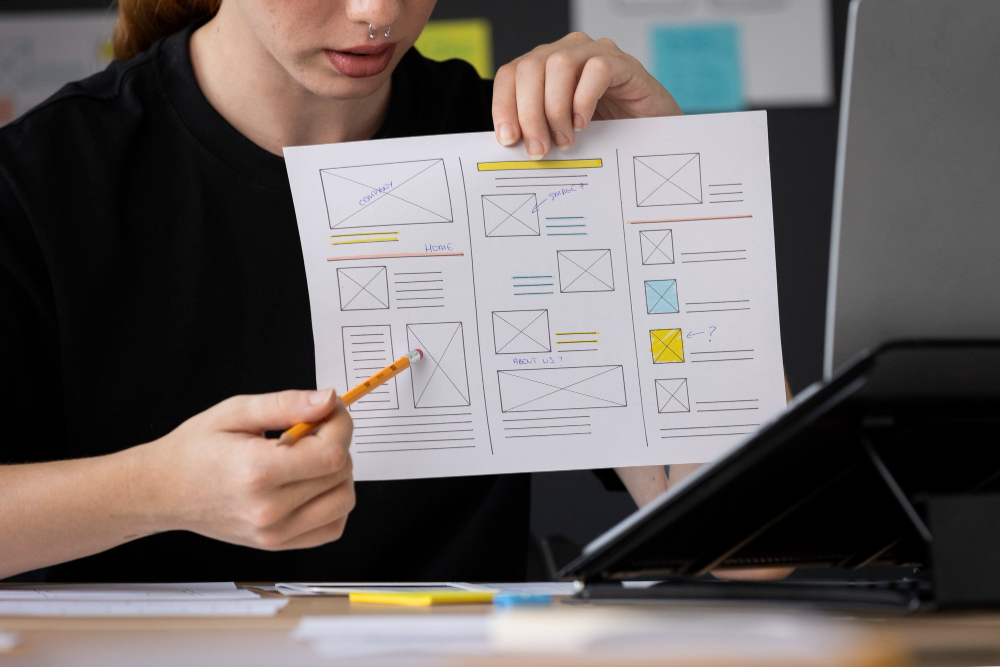 a person pointing out website design elements on a paper